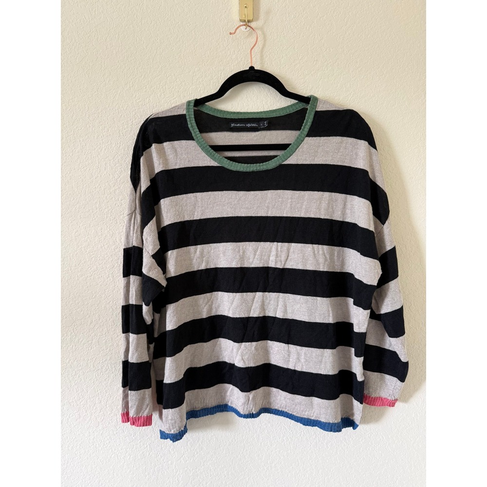 Gudrun Sjoden Women Striped Recycled Linen Black Beige Colorblock Trim Sweater L